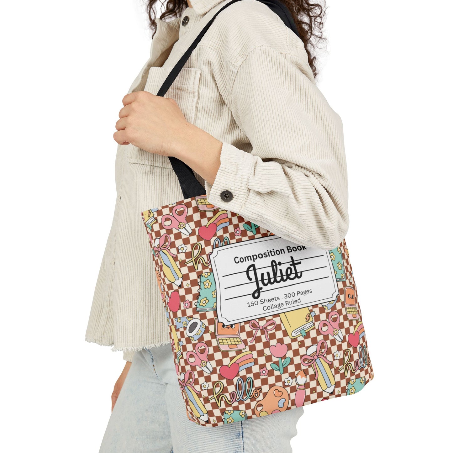 Personalized Brown Doodle Daydream Composition Book Inspired Canvas Tote Bag with Colorful Straps, Cute School Bag, Eco-Friendly Tote, Back to School Shopping Bag, Teacher Gift Idea