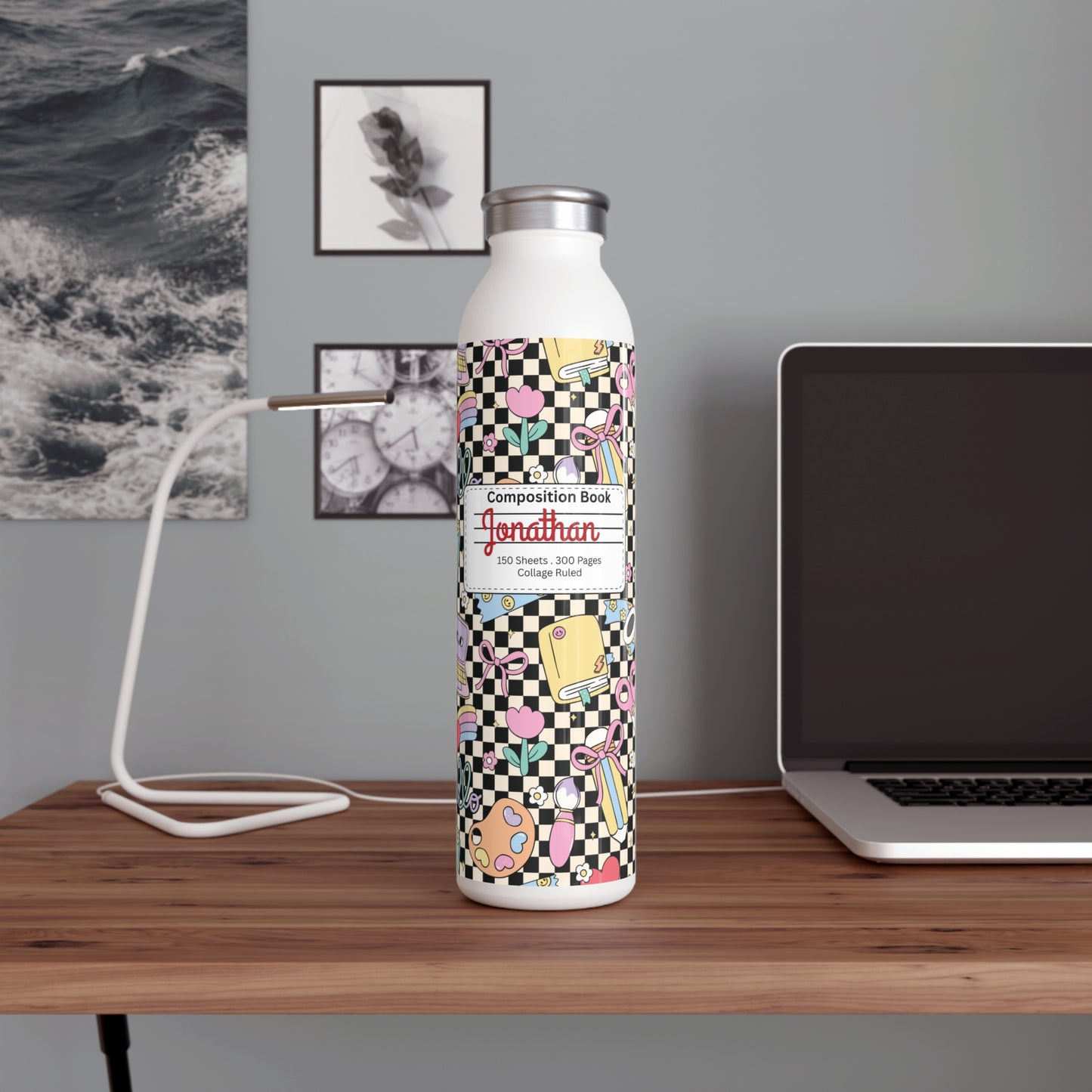 Personalized Composition Black Doodle Daydream Book Inspired Slim Water Bottle, Customizable Drinkware, Eco-Friendly Hydration Bottle, Perfect for Gifts, School Supplies, Back to School