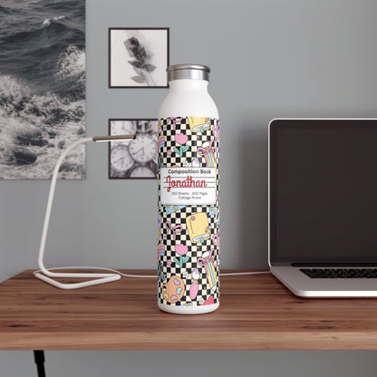 Personalized Composition Black Doodle Daydream Book Inspired Slim Water Bottle, Customizable Drinkware, Eco-Friendly Hydration Bottle, Perfect for Gifts, School Supplies, Back to School