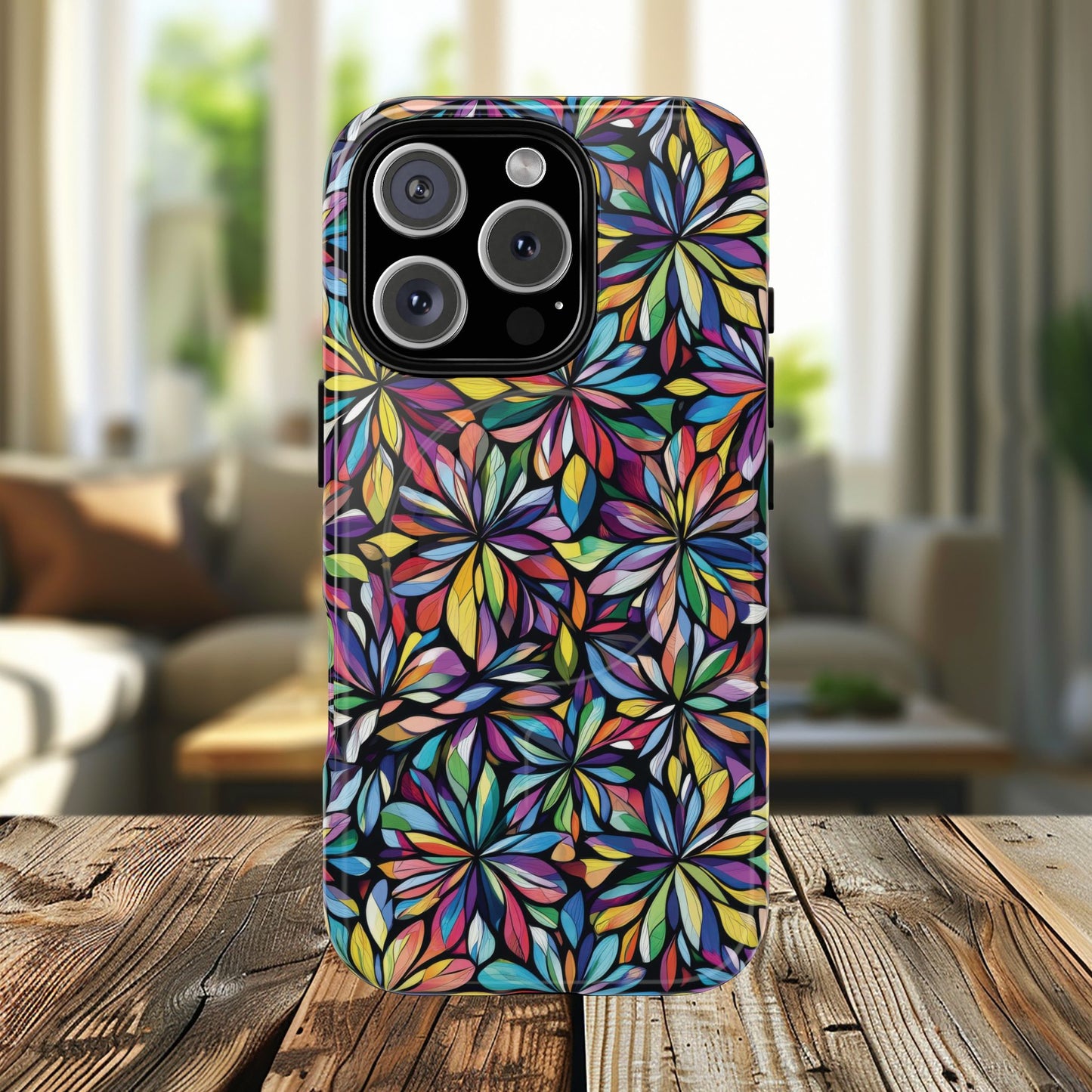 Prism Petal Burst Tough Magnetic iPhone Case, Colorful iPhone Case, Unique Gift for Flower Lovers, Stylish stained Glass Accessory