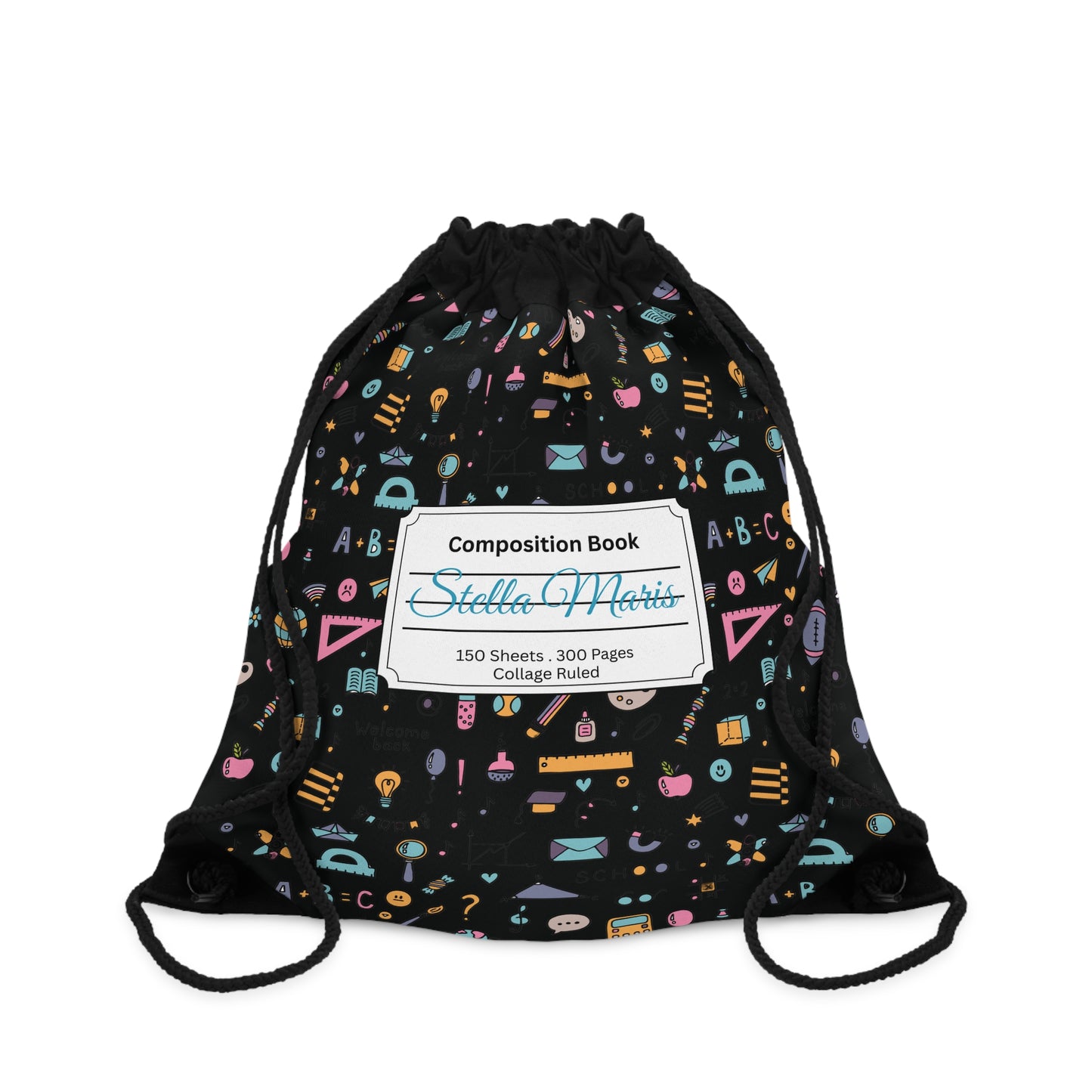 Custom Chalkboard Chic Composition Book Inspired Colorful plsyful icons Drawstring Bag | Personalized College Ruled Tote | Kids School Gear | Fun Gym Sack | Back to School Accessory