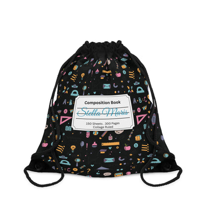 Custom Chalkboard Chic Composition Book Inspired Colorful plsyful icons Drawstring Bag | Personalized College Ruled Tote | Kids School Gear | Fun Gym Sack | Back to School Accessory