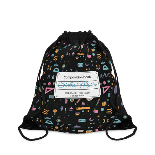 Custom Chalkboard Chic Composition Book Inspired Colorful plsyful icons Drawstring Bag | Personalized College Ruled Tote | Kids School Gear | Fun Gym Sack | Back to School Accessory