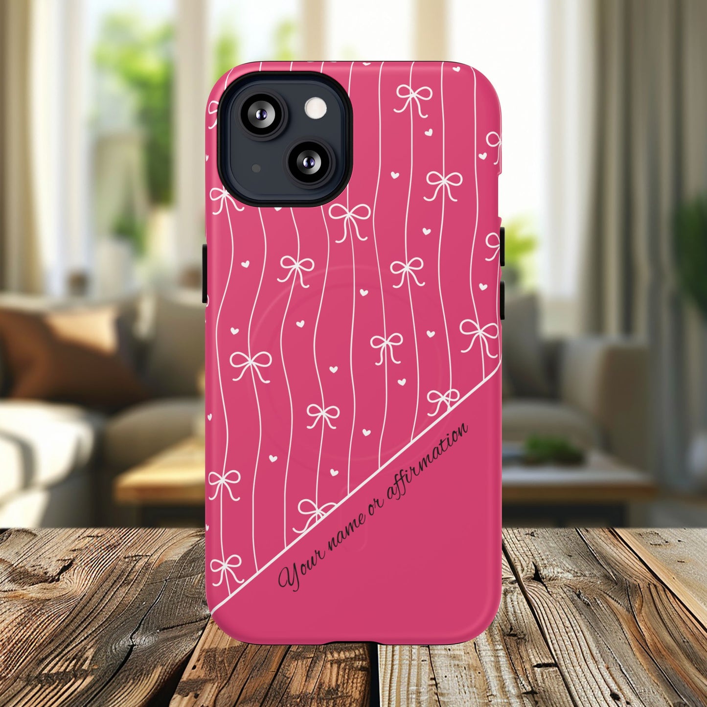 Pink Bow Coquette Magnetic Tough Magnetic MagSafe®  Case — (Add Name or Affirmation)-iPhone® 13, 14, iPhone 15, iPhone 16, iPhone 17, Pro, Pro Max, Plus Cases.