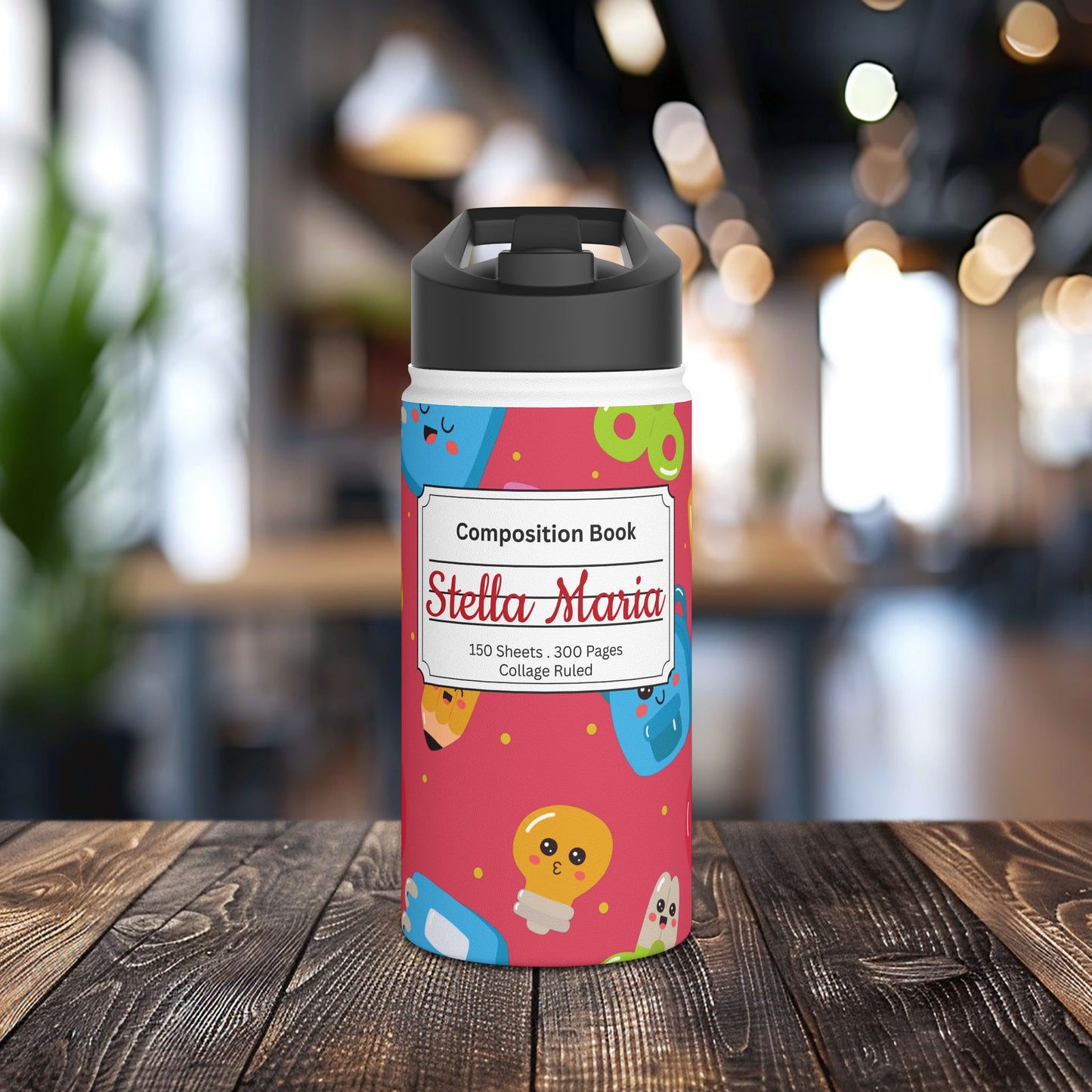 Personalized Kawaii Composition Book Inspired Stainless Steel Water Bottle for Kids, School Supplies, Eco-Friendly Drinkware, Back to School, Teacher Gifts