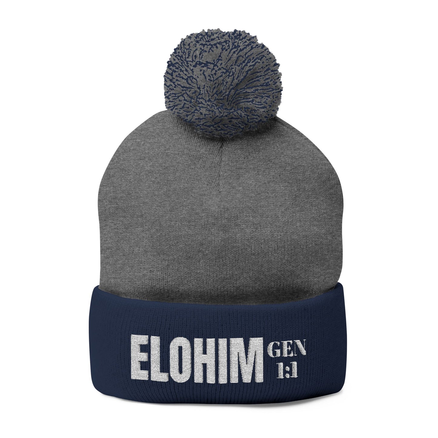 Pom-Pom Knit Cap with 'ELOHIM, GENESIS 1:1'  Embroidery Beanie - Stylish Winter Accessory for All Ages, Perfect Gift for Birthdays, Holidays, and Outdoor Activities