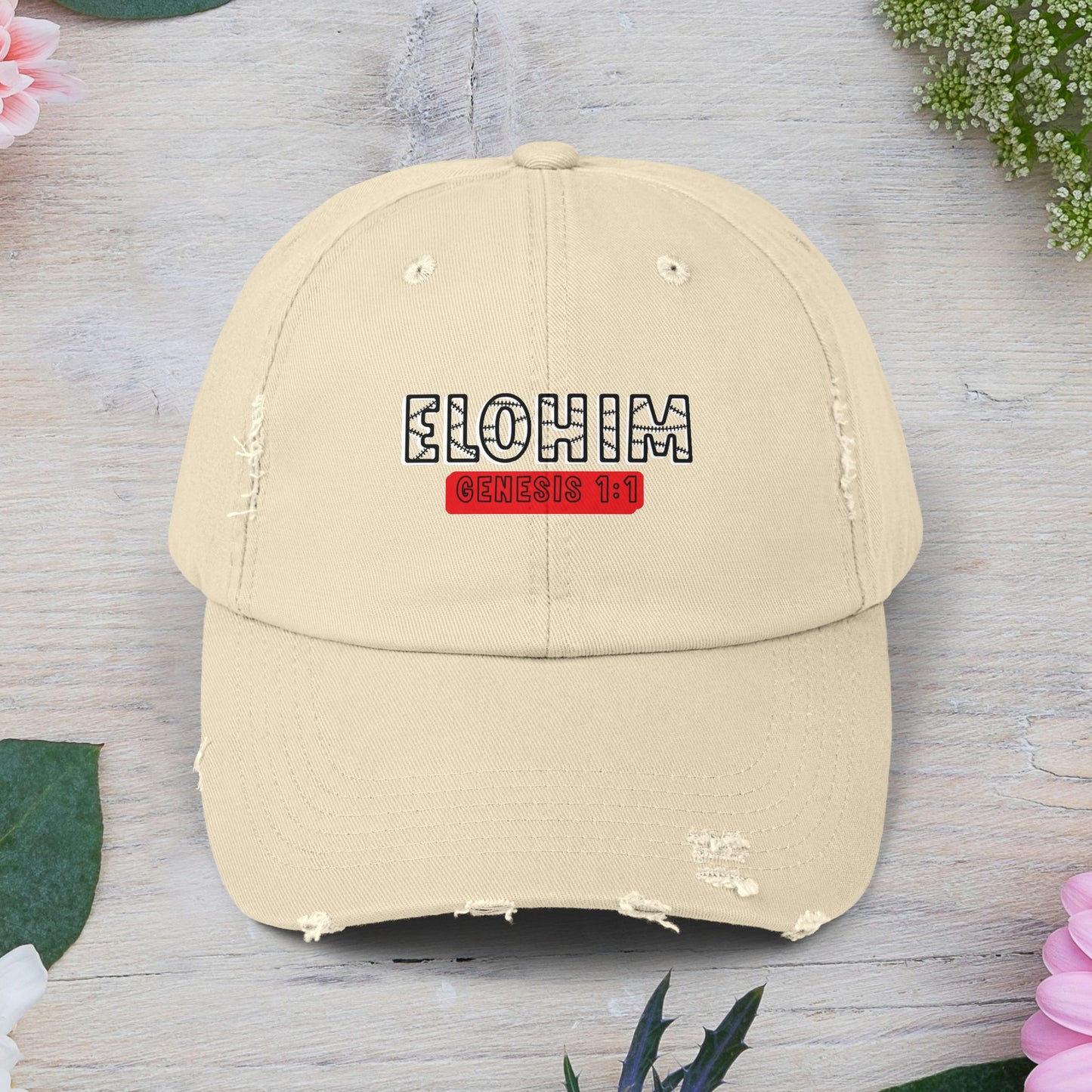 'ELOHIM, GENESIS 1:1- Distressed Cap – Unisex Faith-Inspired Hat for Everyday Wear, Bible Verse Cap, Gift for Religious Friends, Casual Accessories