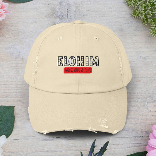 'ELOHIM, GENESIS 1:1- Distressed Cap – Unisex Faith-Inspired Hat for Everyday Wear, Bible Verse Cap, Gift for Religious Friends, Casual Accessories