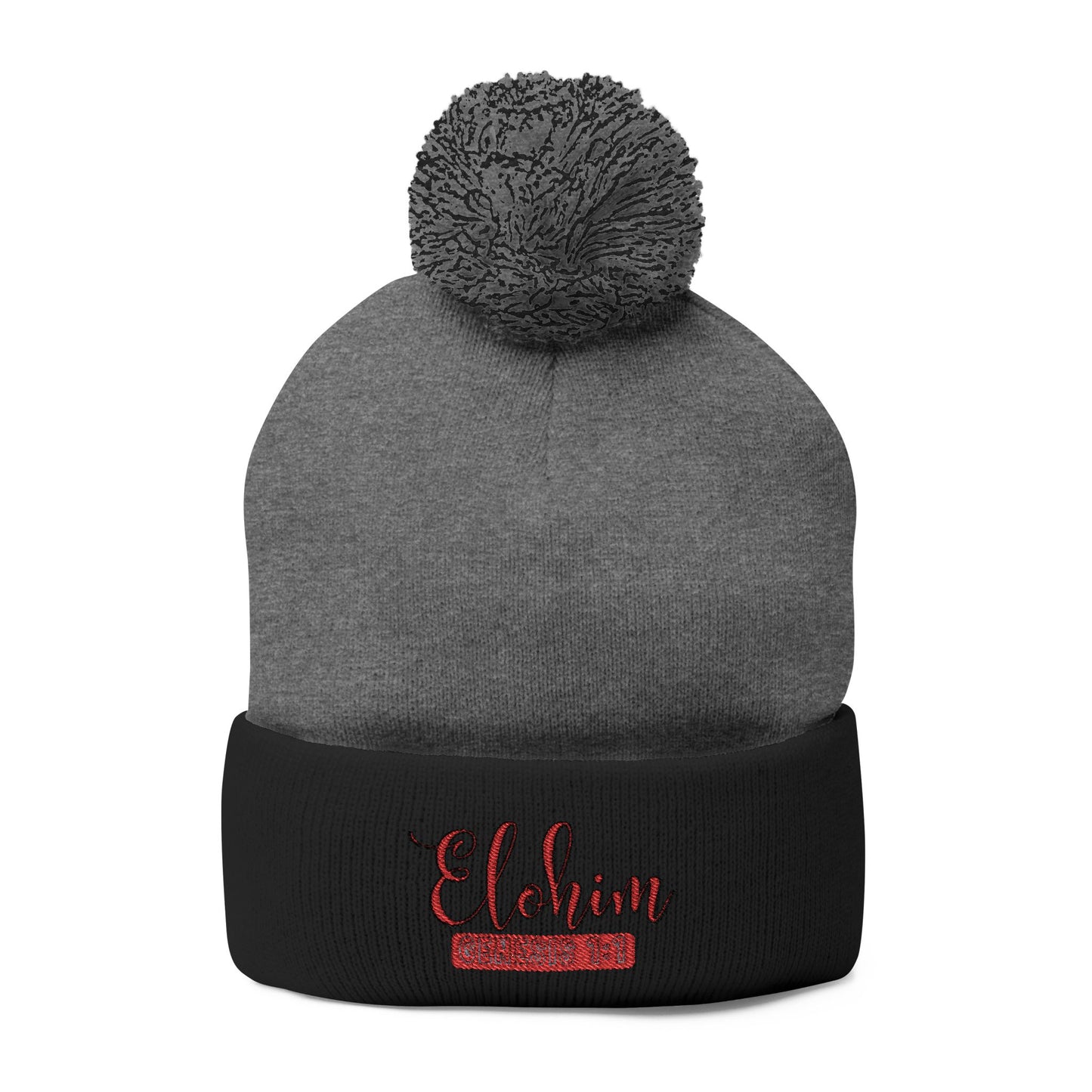 Red Pom-Pom Knit Cap with 'ELOHIM, GENESIS 1:1'  Embroidery Beanie - Stylish Winter Accessory for All Ages, Perfect Gift for Birthdays, Holidays, and Outdoor Activities