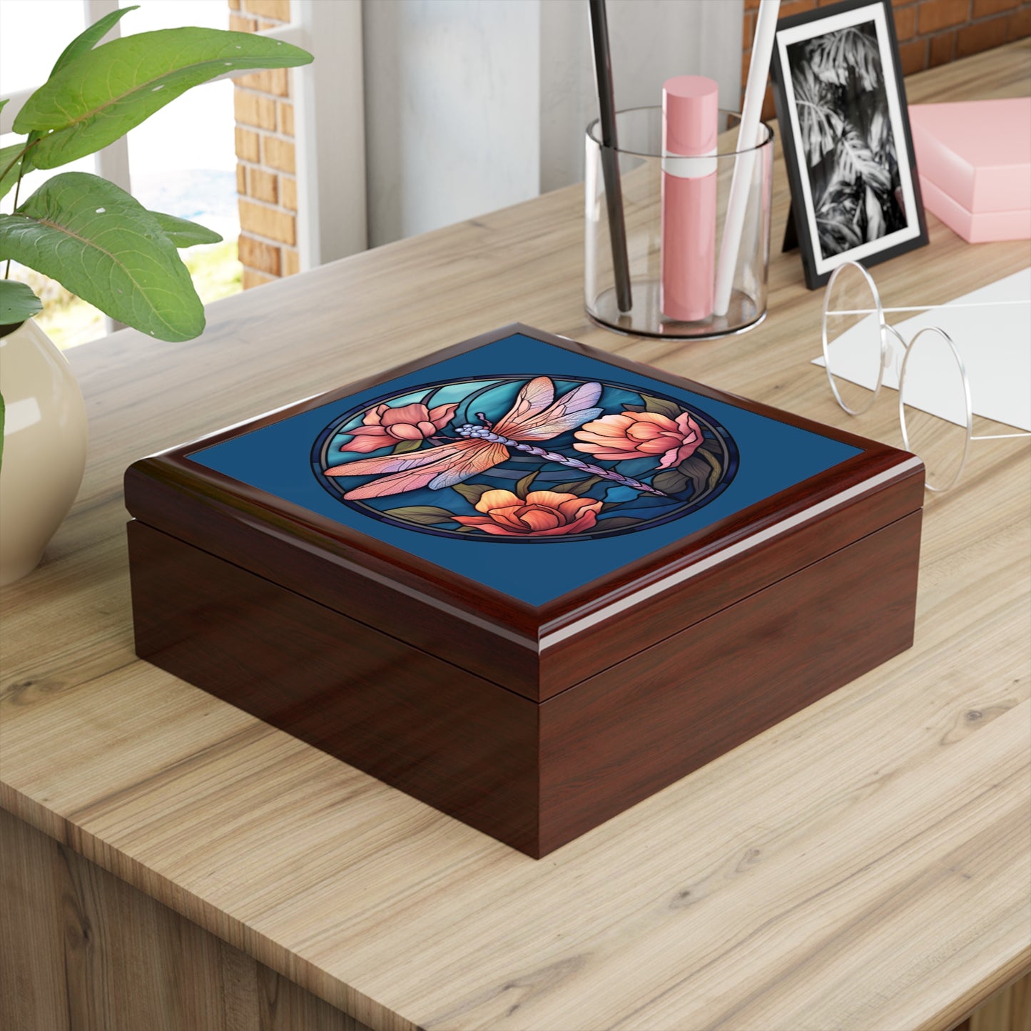 Dragonfly Floral Jewelry Box — Stained-Glass Style Trinket Keepsake