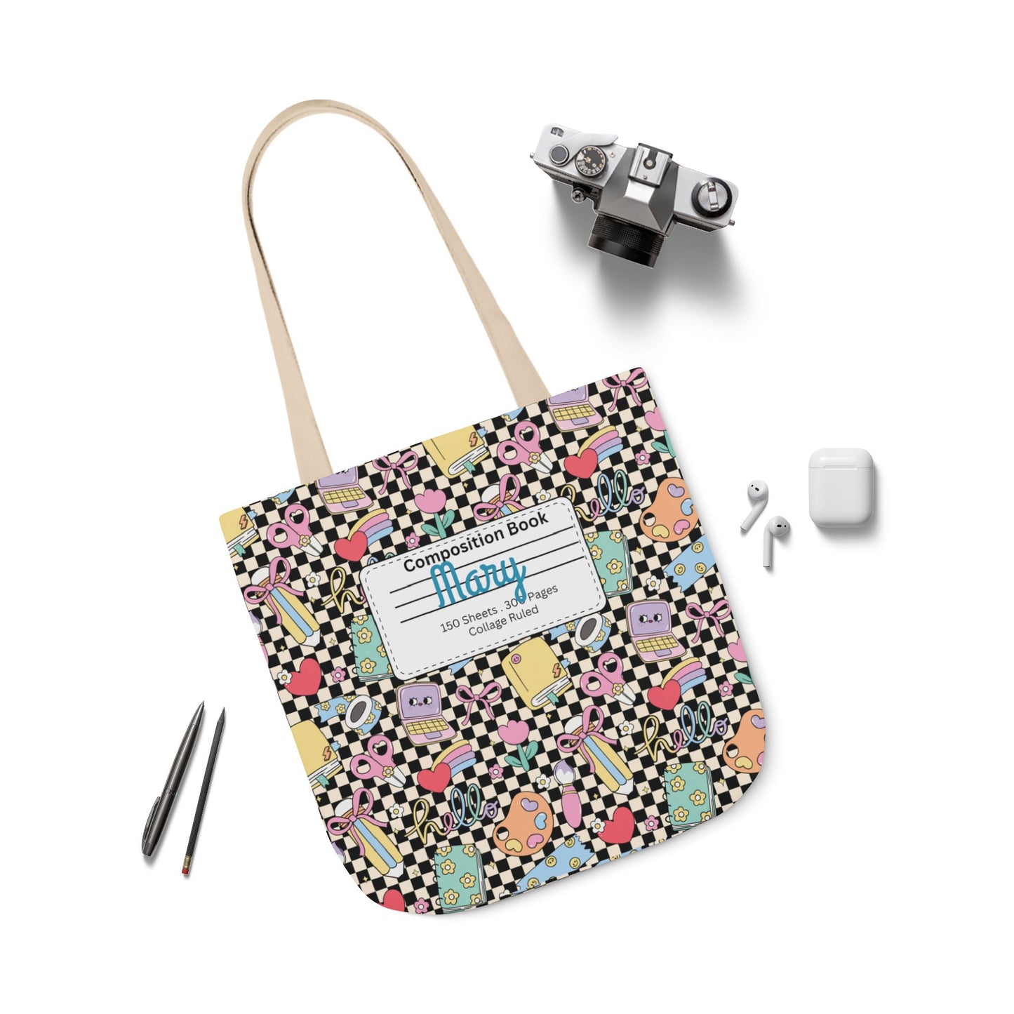 Personalized Black Doodle Daydream Composition Book Inspired Canvas Tote Bag with Colorful Straps, Cute School Bag, Eco-Friendly Tote, Back to School Shopping Bag, Teacher Gift Idea