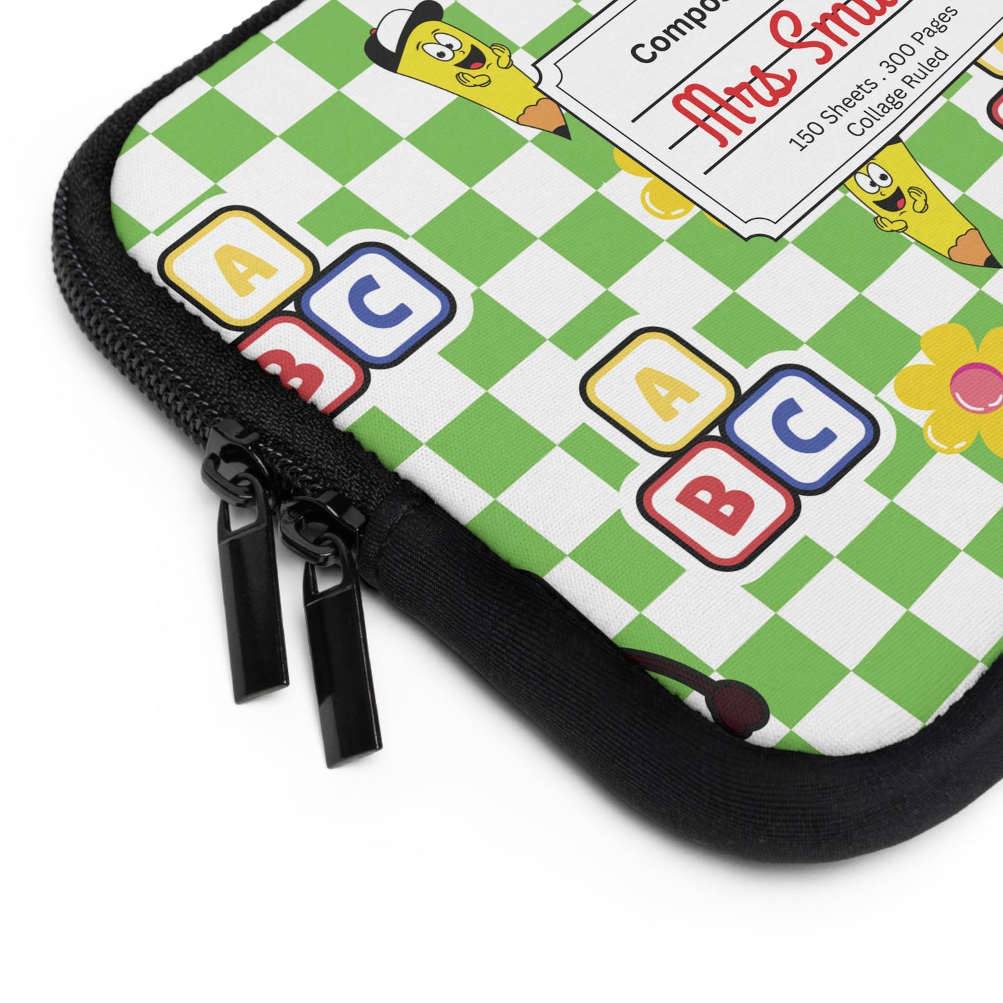 Personalized Green SchoolYard Chic Laptop Sleeve with Composition Book Inspired Design, Customizable Tech Case, School Supplies, Gift for Students, College Essentials, Back to School