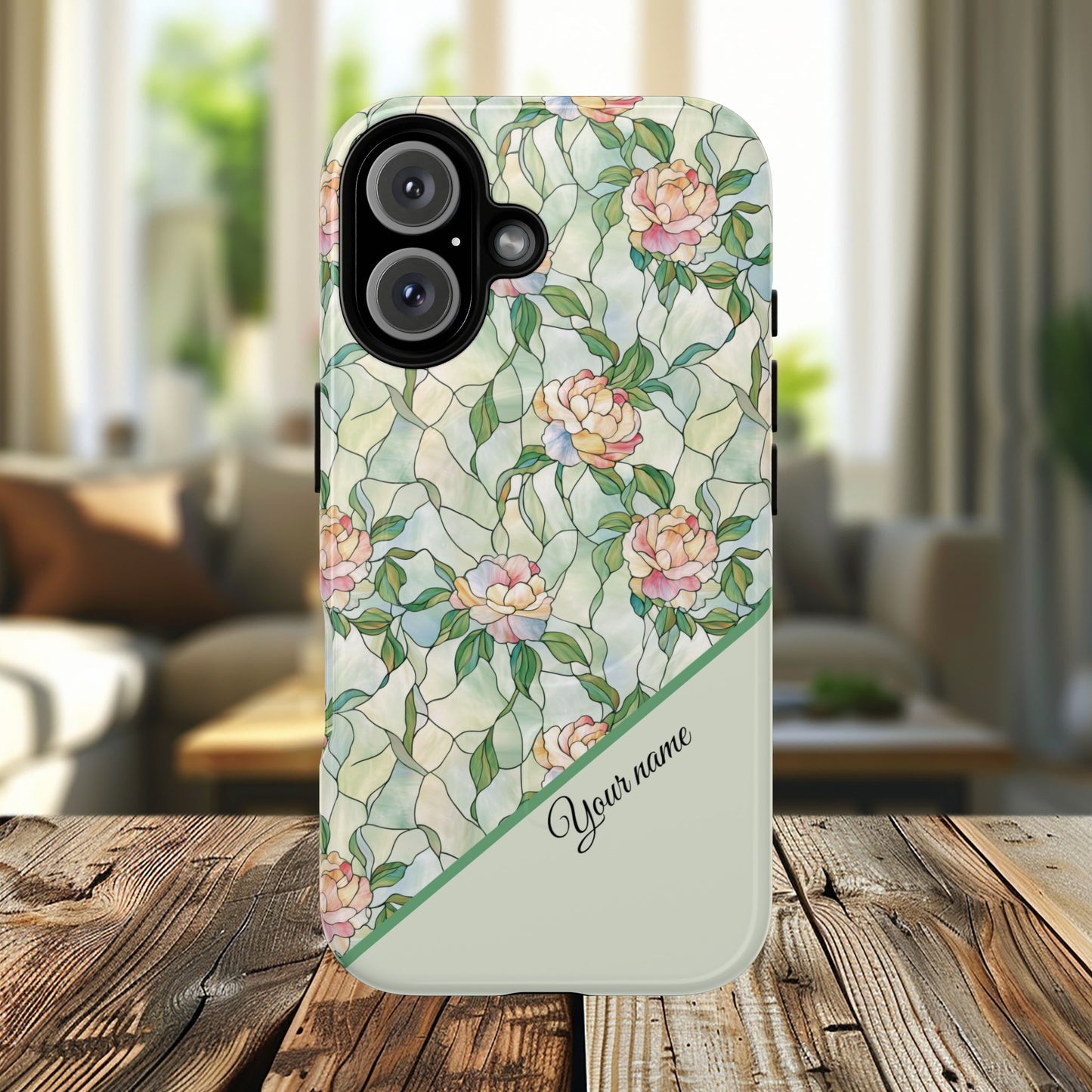 Personalized Petal Whispers Stained Glass Tough Magnetic iPhone Case, Durable Rose Pattern, Cute Gift for Her, iPhone Accessory, Mother's Day, Birthday Gift