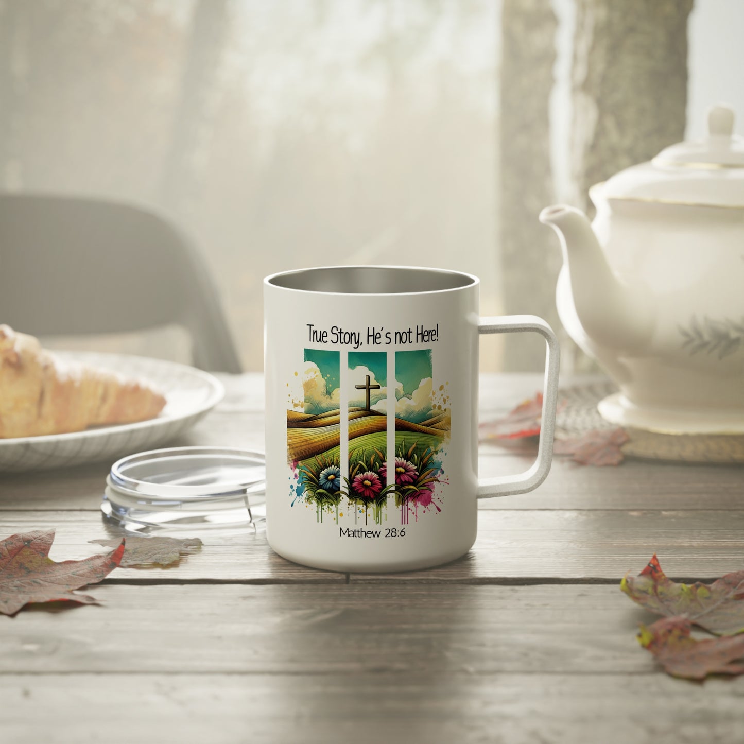 Inspirational Accent Insulated Mug - 'True Story, He's Not Here' Design - 10oz Mug.