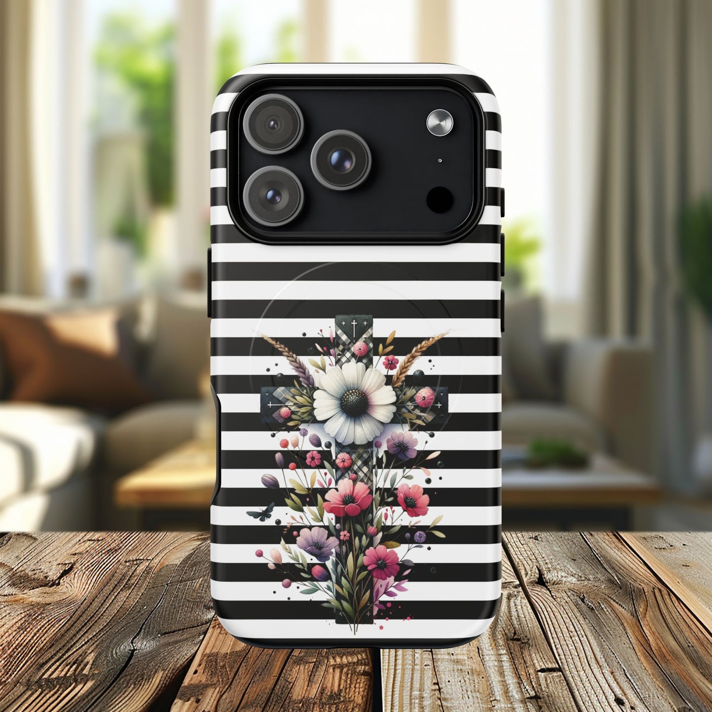 Faith in Bloom Tough iPhone Magnetic Case, iPhone Accessories, Floral iPhone Cover, Durable Cases for Gifts, Black and White Stripes