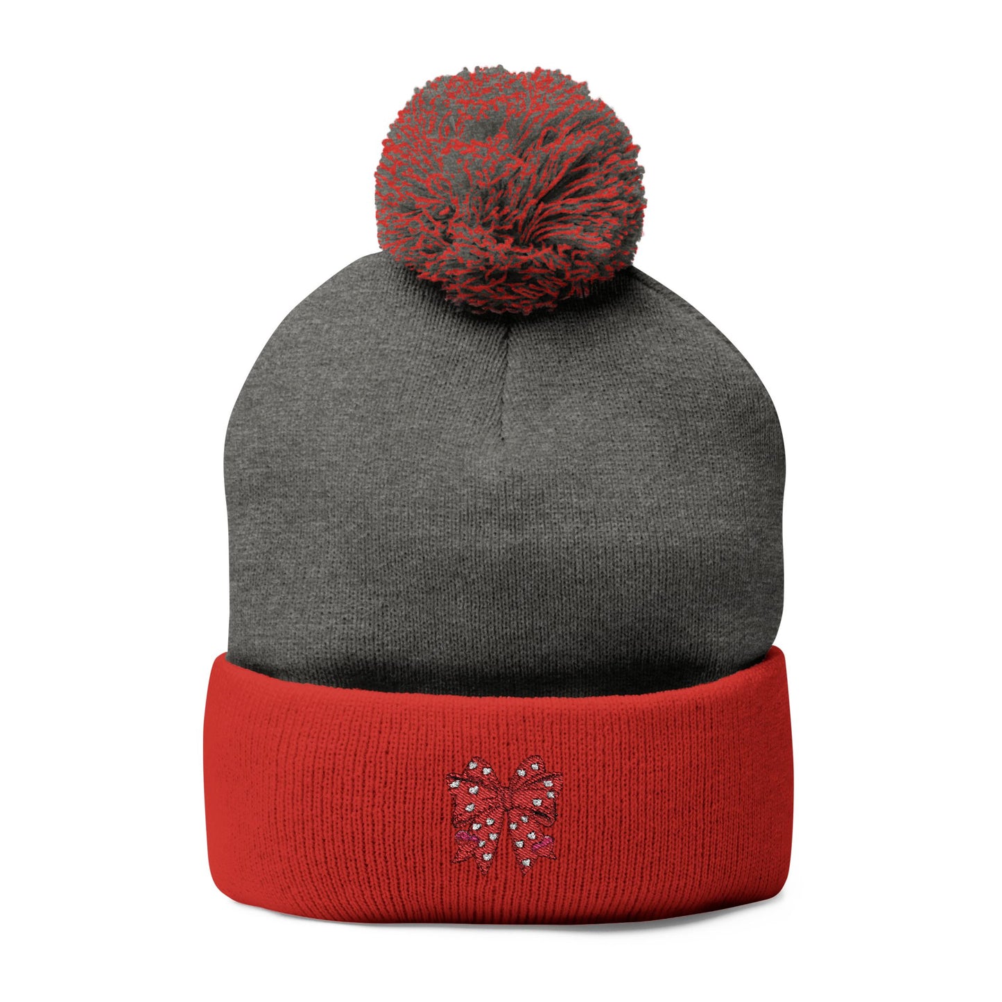 Cozy Pom-Pom Coquette Knit Cap with Embroidered Red Bow