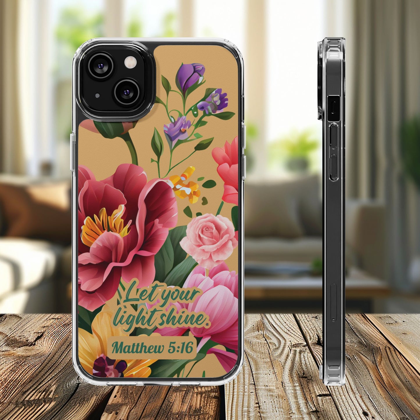 Clear Floral Bible Verse Phone Case — "Let Your Light Shine" (Matthew 5:16) for iPhone and Samsung Cases.