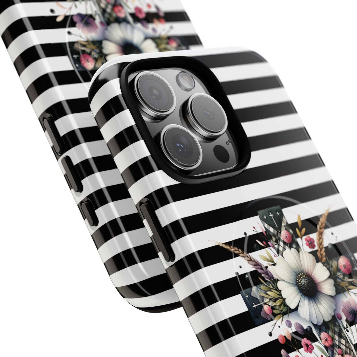 Faith in Bloom Tough iPhone Magnetic Case, iPhone Accessories, Floral iPhone Cover, Durable Cases for Gifts, Black and White Stripes