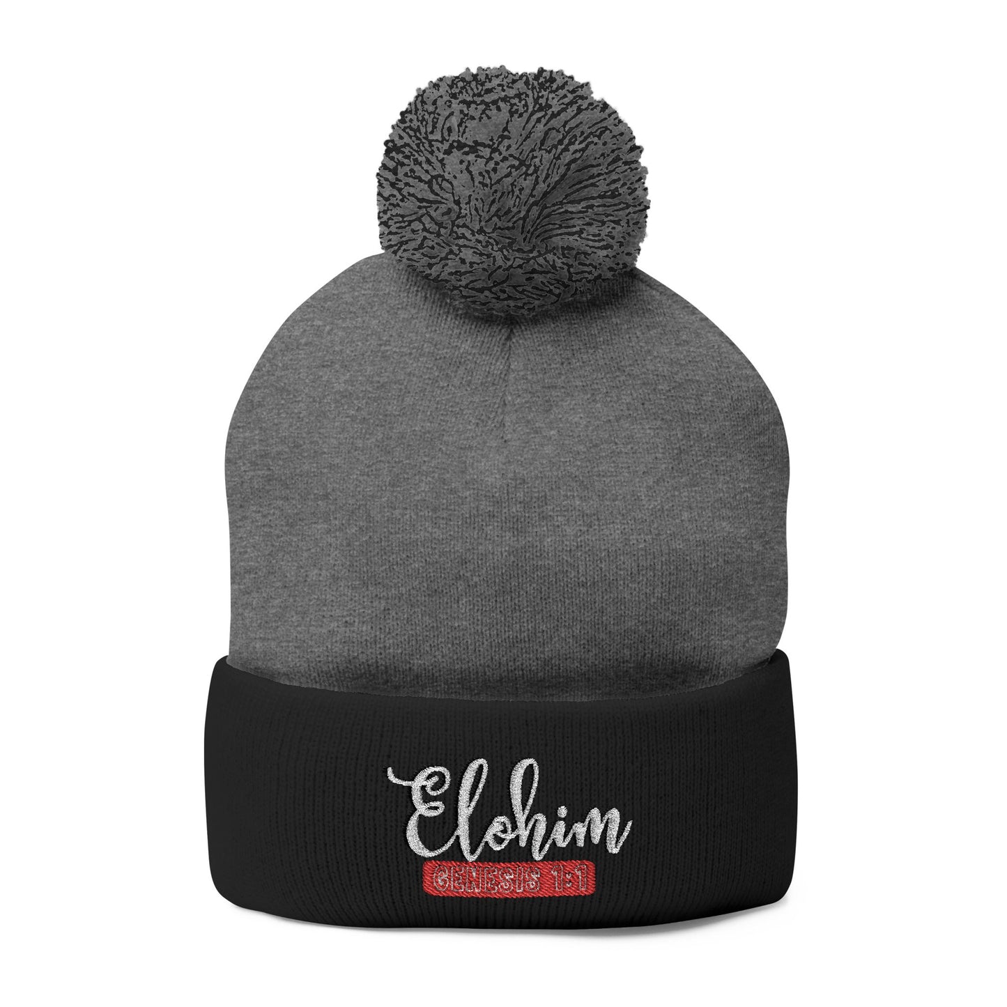 Pom-Pom Knit Cap with 'ELOHIM, GENESIS 1:1'  Embroidery Beanie - Stylish Winter Accessory for All Ages, Perfect Gift for Birthdays, Holidays, and Outdoor Activities