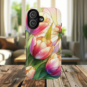 Tulip Glow Tough iPhone Magnetic Case, Floral Design, Spring Gift, Durable Protection, Smartphone Accessories, MagSafe Accessories, Stained Glass Tulip Gift