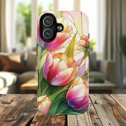 Tulip Glow Tough iPhone Magnetic Case, Floral Design, Spring Gift, Durable Protection, Smartphone Accessories, MagSafe Accessories, Stained Glass Tulip Gift