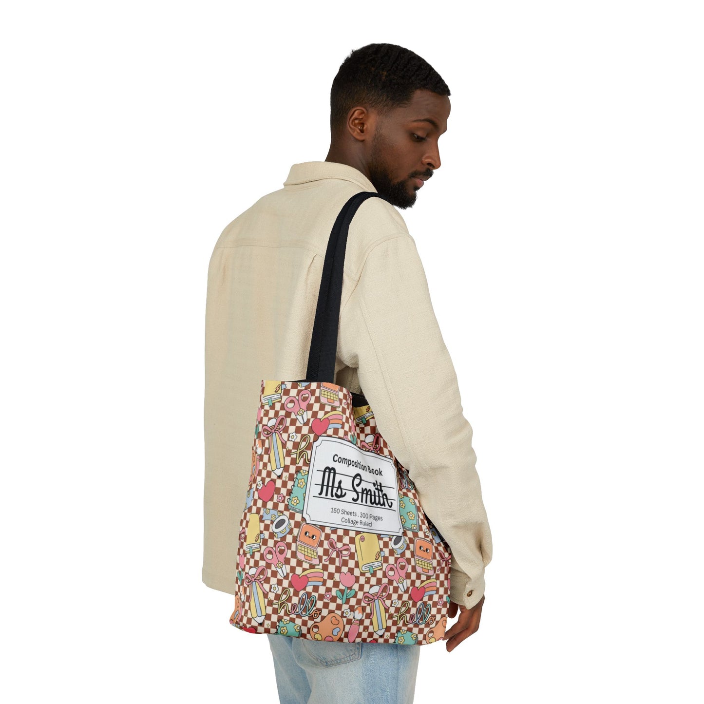 Personalized Brown Doodle Daydream Composition Book Inspired Canvas Tote Bag with Colorful Straps, Cute School Bag, Eco-Friendly Tote, Back to School Shopping Bag, Teacher Gift Idea