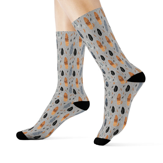 Whispering Feathers Grey Crew Socks - Soft & Elastic Polyester/Spandex Blend - One Size Fits All