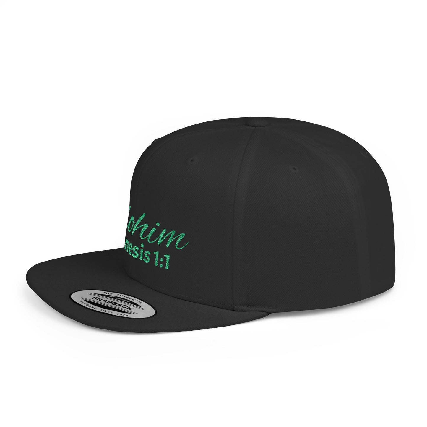 Green Elohim, Genesis 1:1 Snapback Cap - Faith-Inspired Flat Bill Hat, Baseball Hat, Perfect for Gifts, Daily Wear, Spiritual Events.