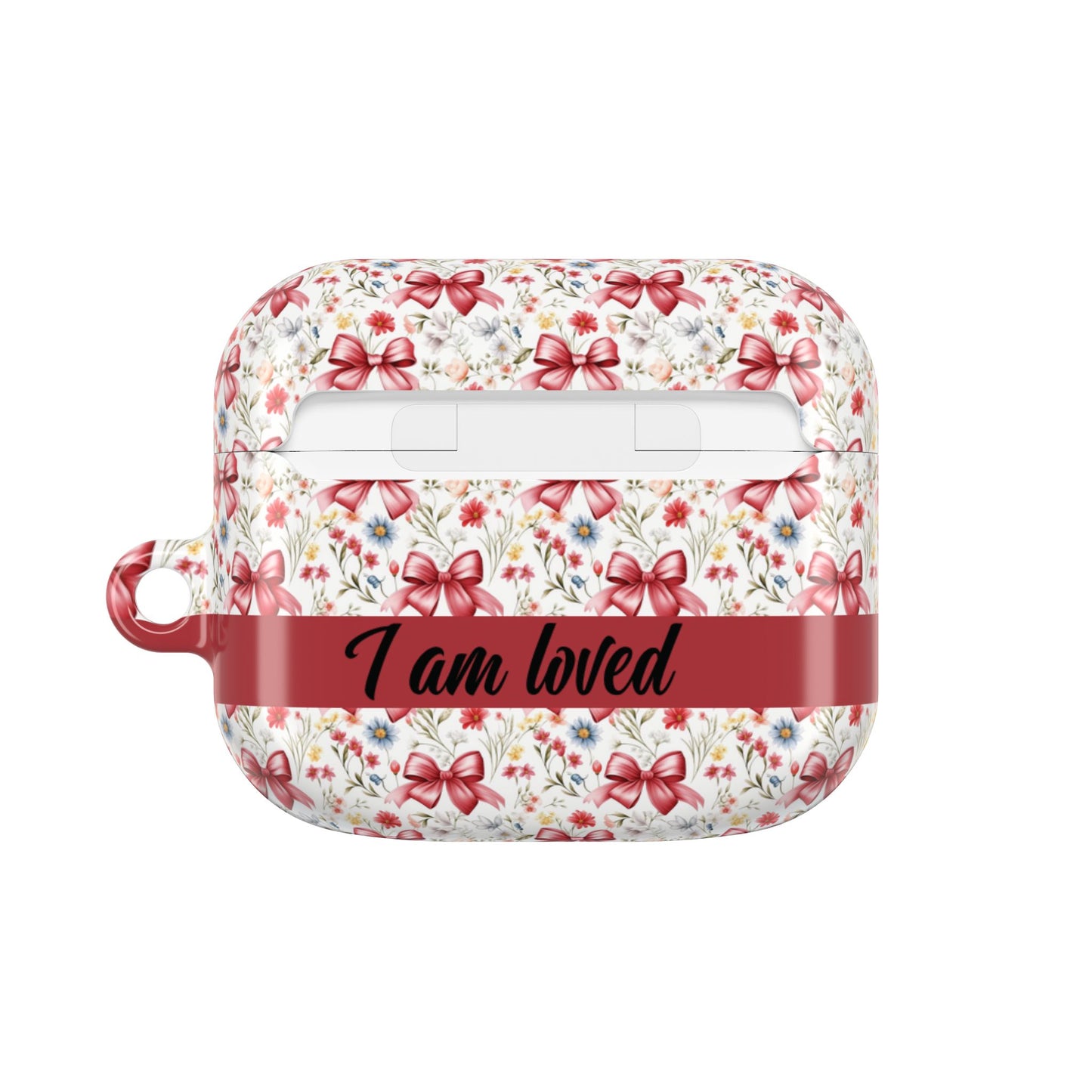 Personalized Rosette Coquette Floral AirPods Pro Gen 1, 2 and Airpods Gen 1, 2, 3, 4 Case — Red Bow Pattern with Custom Name Text.