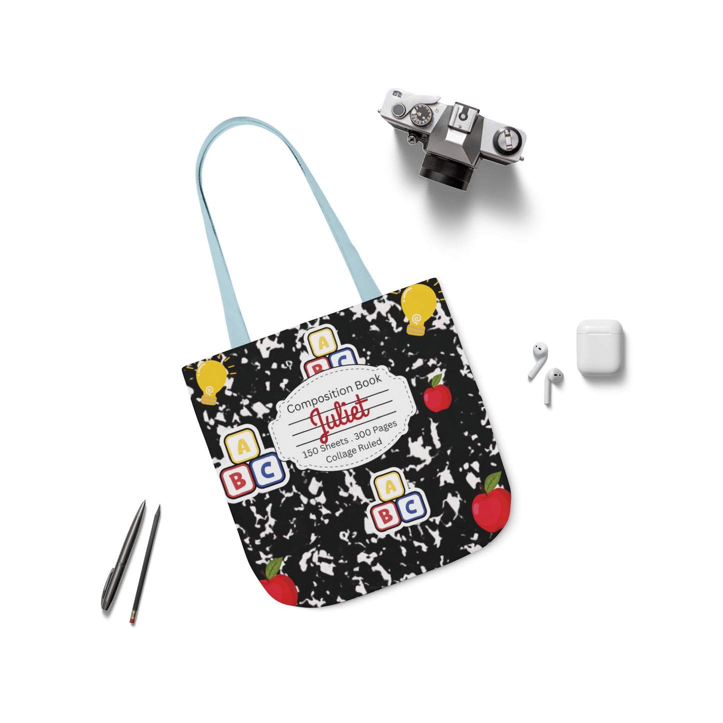 Personalized Black Composition Book Inspired Canvas Tote Bag with Colorful Straps, Cute School Bag, Eco-Friendly Tote, Back to School Shopping Bag, Teacher Gift Idea