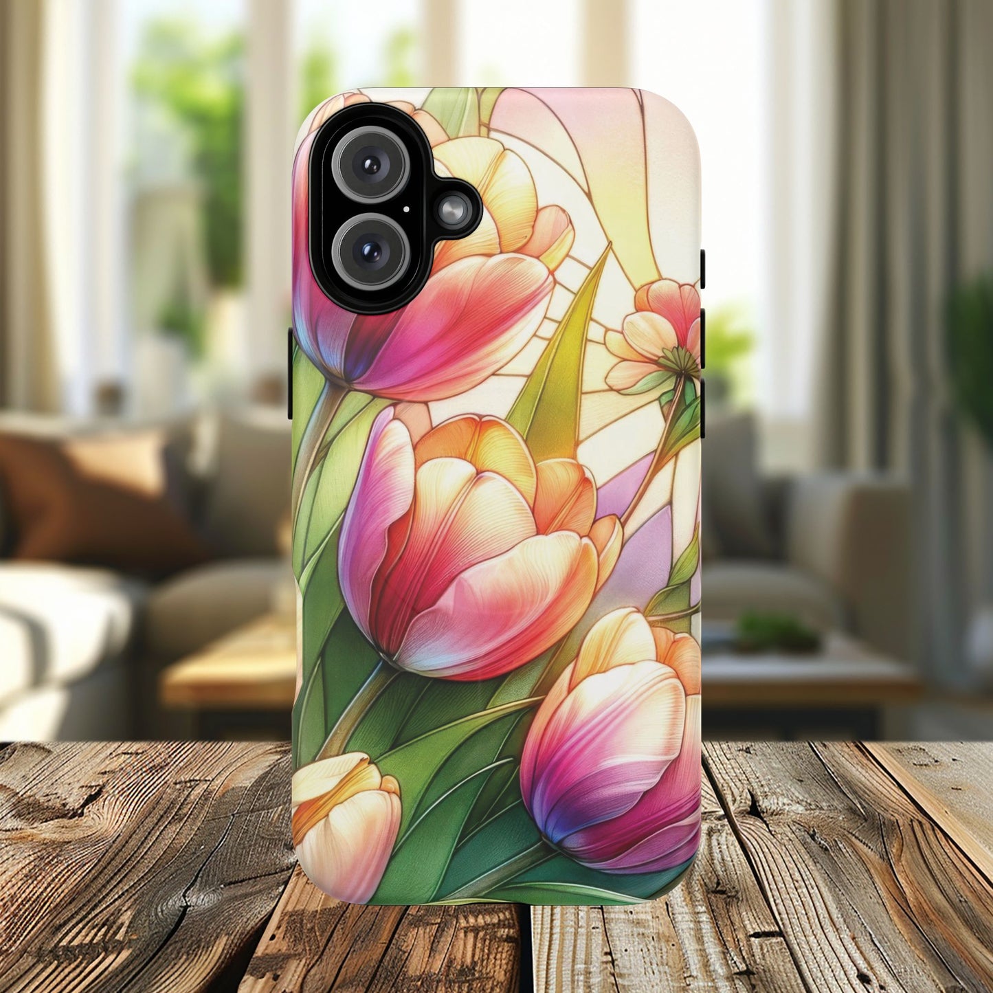 Tulip Glow Tough iPhone Magnetic Case, Floral Design, Spring Gift, Durable Protection, Smartphone Accessories, MagSafe Accessories, Stained Glass Tulip Gift