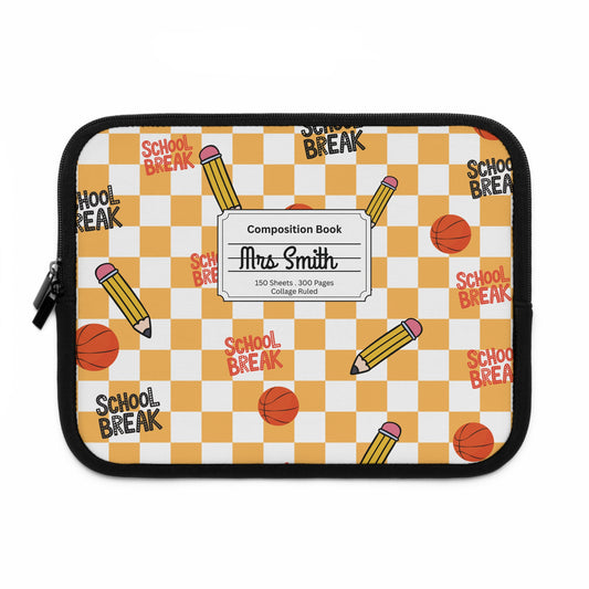 Personalized Orange Schoolyard Chic Laptop Sleeve with Composition Book Inspired Design, Customizable Tech Case, School Supplies, Gift for Students, College Essentials, Back to School