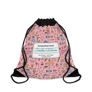 Custom Pink Chalkboard Chic Composition Book Inspired Colorful plsyful icons Drawstring Bag | Personalized College Ruled Tote | Kids School Gear | Fun Gym Sack | Back to School Accessory