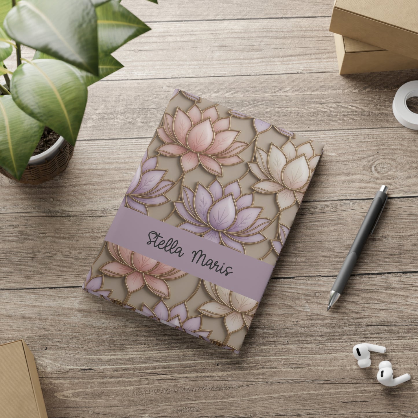 Personalized Stained Glass Lotus Blossom Hardcover Notebook — Custom Name and Affirmation Puffy Cover Journal.