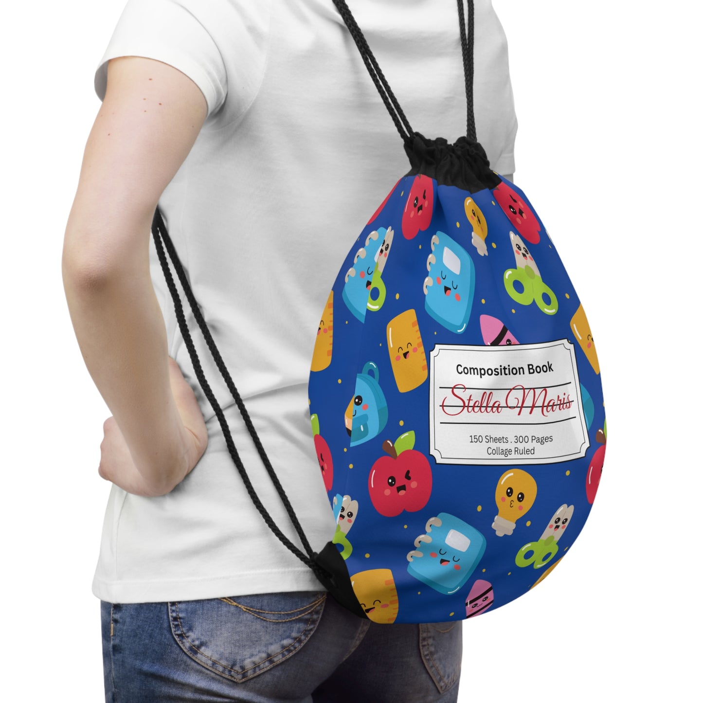 Custom Blue Kawaii Composition Book Inspired Colorful ABC Drawstring Bag | Personalized College Ruled Tote | Kids School Gear | Fun Gym Sack | Back to School Accessory