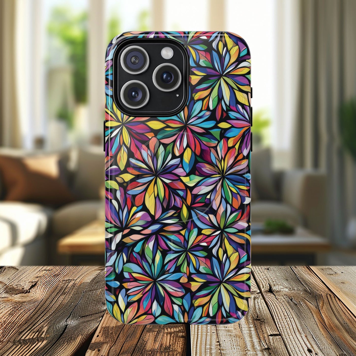 Prism Petal Burst Tough Magnetic iPhone Case, Colorful iPhone Case, Unique Gift for Flower Lovers, Stylish stained Glass Accessory