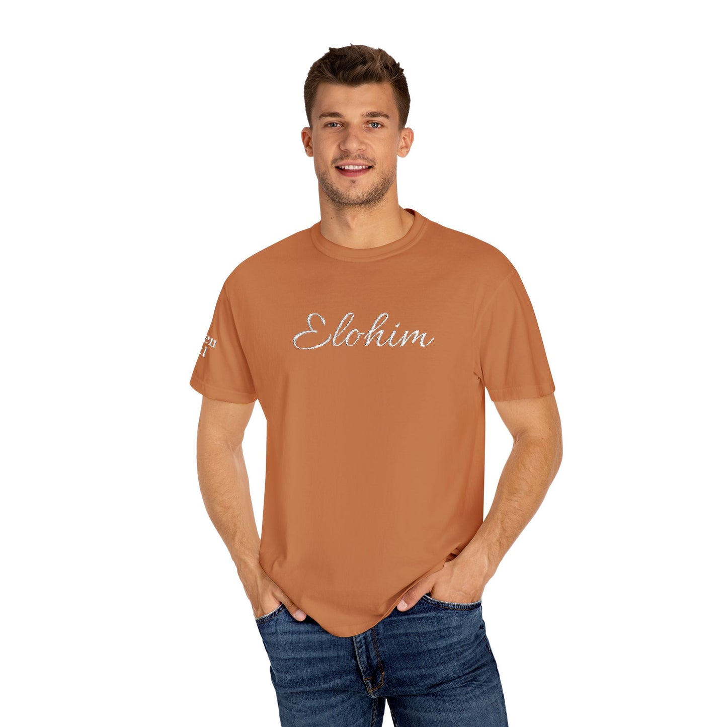 Embroidery 'ELOHIM, GENESIS 1:1' - Faith-Based Unisex Garment-Dyed Comfort Colors T-shirt, Faith Gift Tee, Religious Tee, Embroidery Tee.