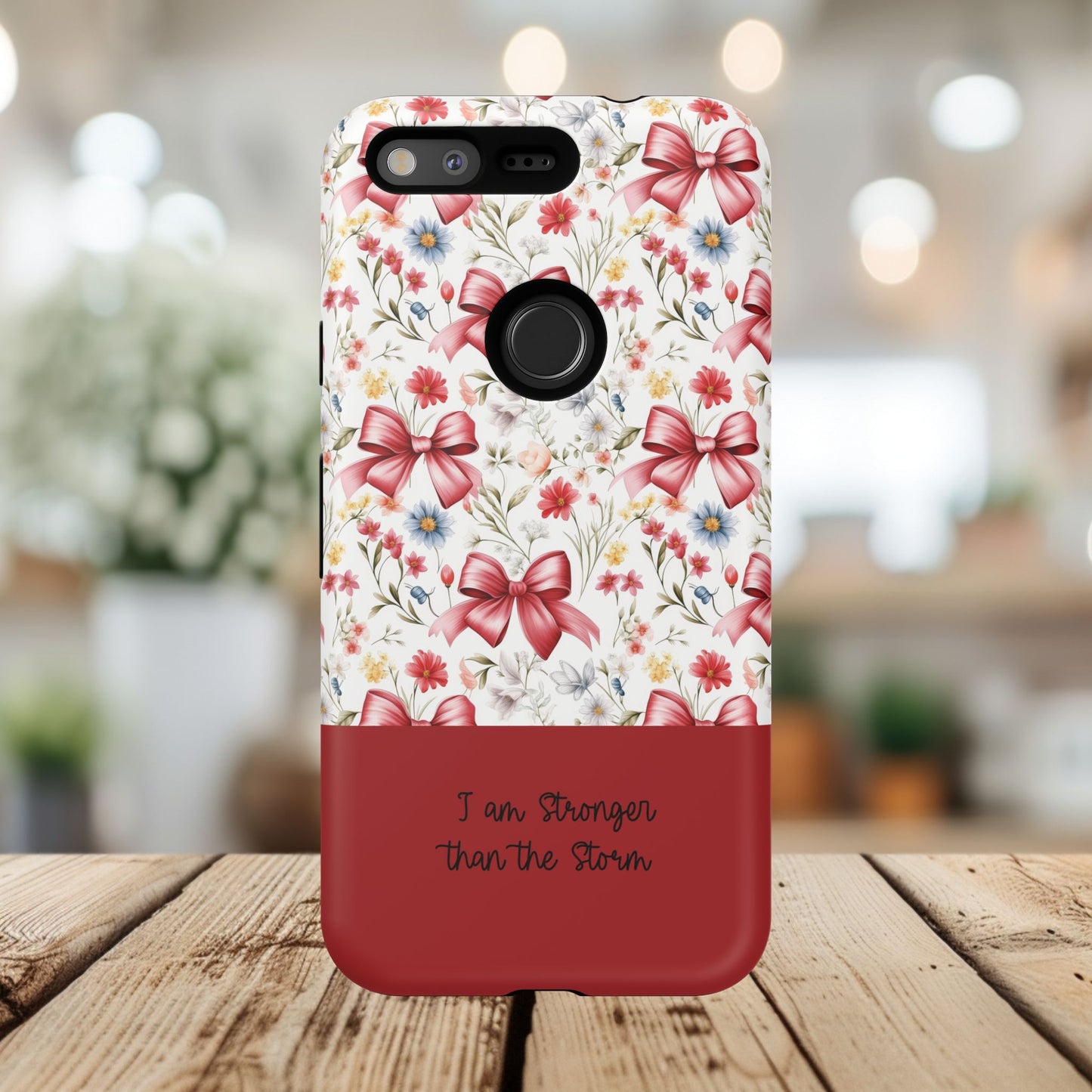 Personalized Rosette Coquette Phone Case - Custom Name/Message 'I Am Stronger Than The Storm' Floral Bow Protective Case