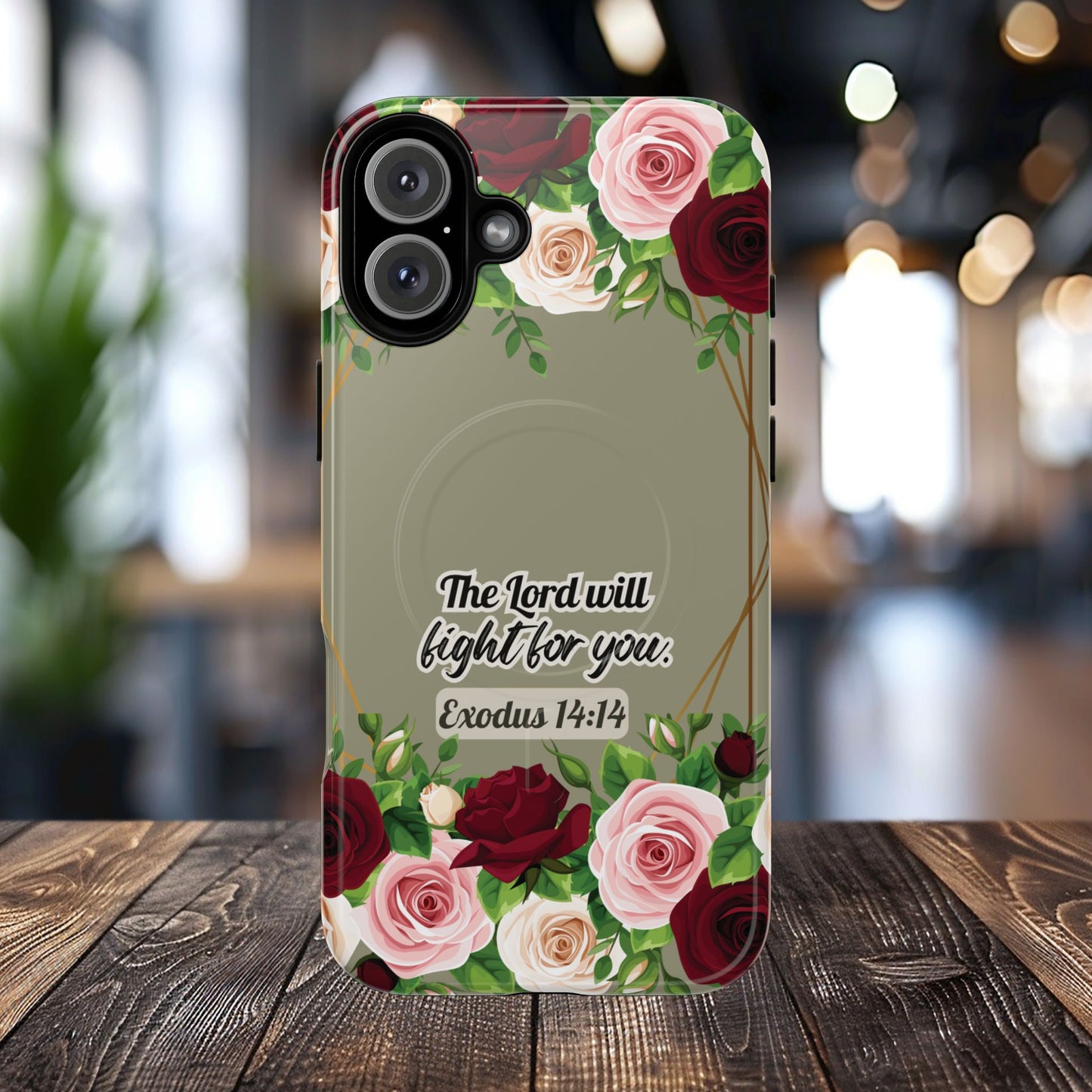 The Lord will Fight for You Exodus 14:14, Inspirational Gift, Tough iPhone Magnetic Case Scripture, Roses Bible Verse, MagSafe® iPhone® Tough Case, iPhone 14, iPhone 15, iPhone 16, Pro, Pro Max, Plus.