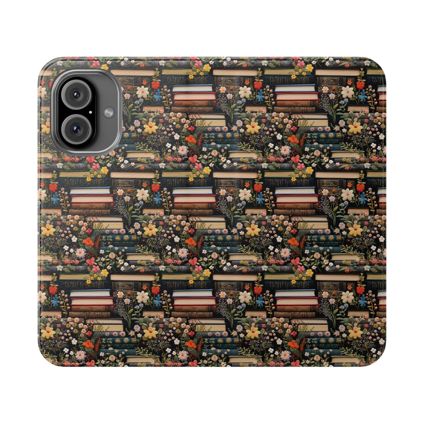 Book Stack Floral Flip iPhone and Samsung Phone Case — Vintage Library Wallet Cover.