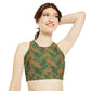 Brown Tropical Bliss High Neck Crop Bikini Top (AOP)