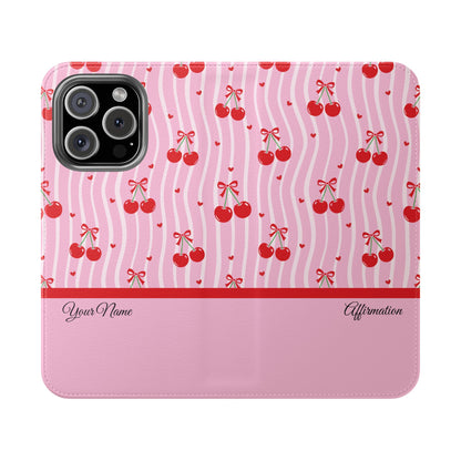 Personalized Cherry Blossom Dreams Flip iPhone and Samsung Cases — Wallet Folio with Name & Affirmation.