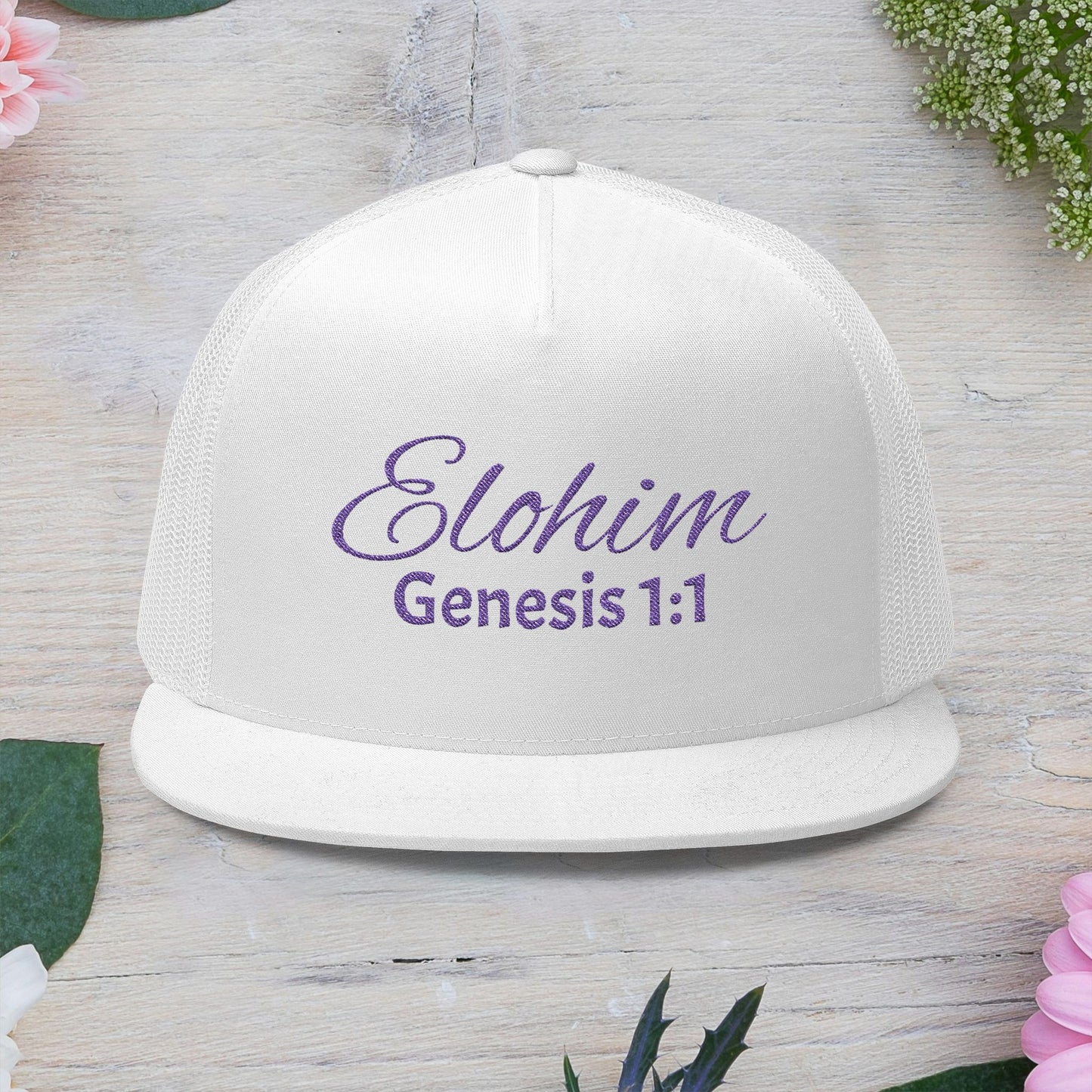 Purple 'ELOHIM, GENESIS 1:1'  Embroidered 5 Panel Trucker Cap | Casual Style Hat, Adjustable, Unisex, Perfect Gift for Outdoors, Festivals, Daily Wear