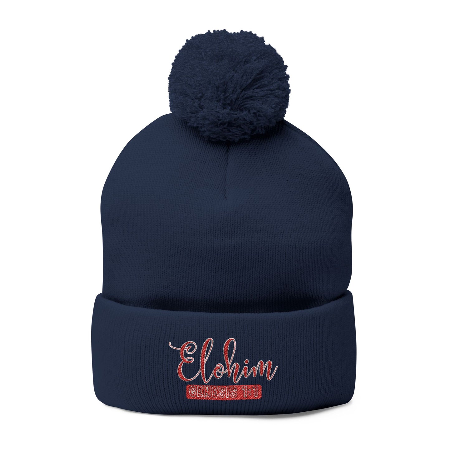 Red Pom-Pom Knit Cap with 'ELOHIM, GENESIS 1:1'  Embroidery Beanie - Stylish Winter Accessory for All Ages, Perfect Gift for Birthdays, Holidays, and Outdoor Activities