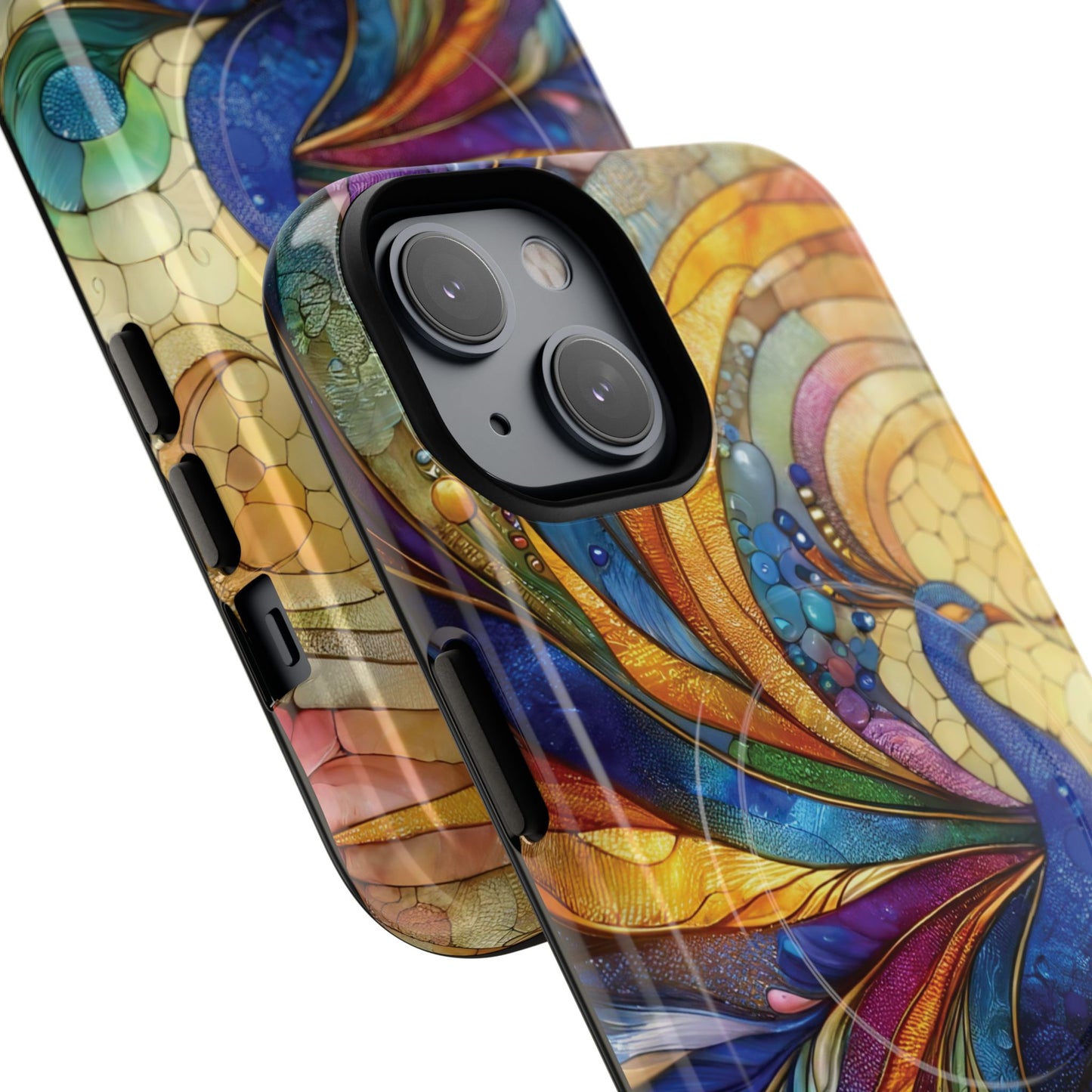 Mosaic Peacock Feathers Magnetic Phone Case, Tough Phone Shell, Vibrant Art Case, Gift for Her, Unique Phone Accessory, Wildlife Lover's Gift, Stained Glass Case.