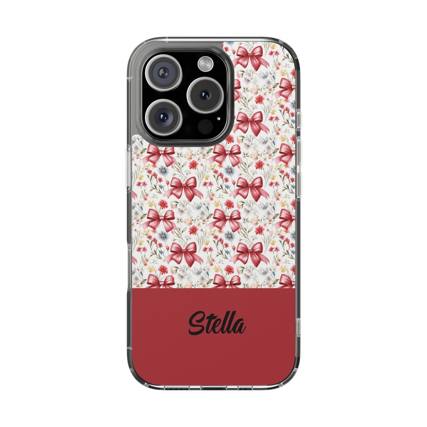 Personalized Rosette Coquette Floral Bow Clear iPhone, Samsung Cases — Custom Name Phone Cover