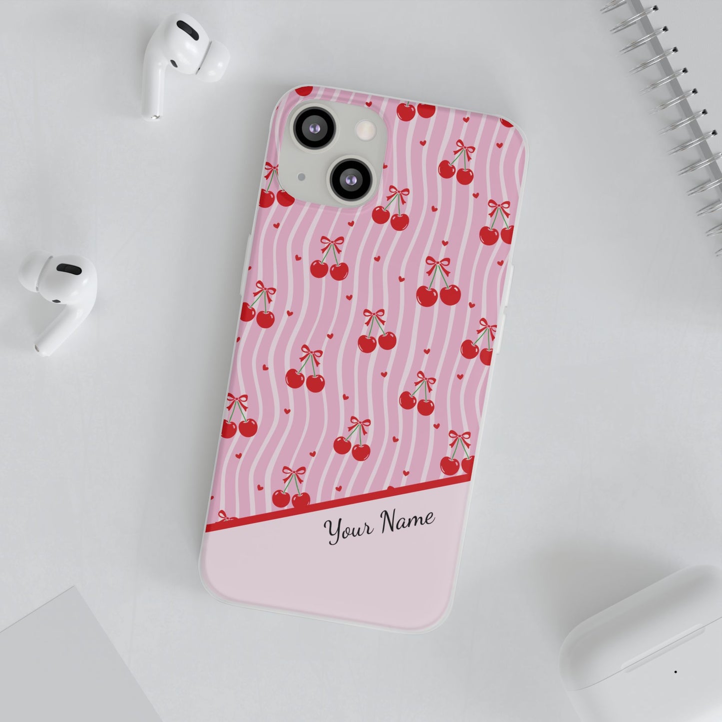 Personalized Cherry Blossom Dreams Flexi Case — Pink Retro Cherry iPhone® 7/8, 11, 12, 13, 14, 15, 16, 17, X/XS, SE, XR, Mini, Pro, Pro Max, Plus Cases.