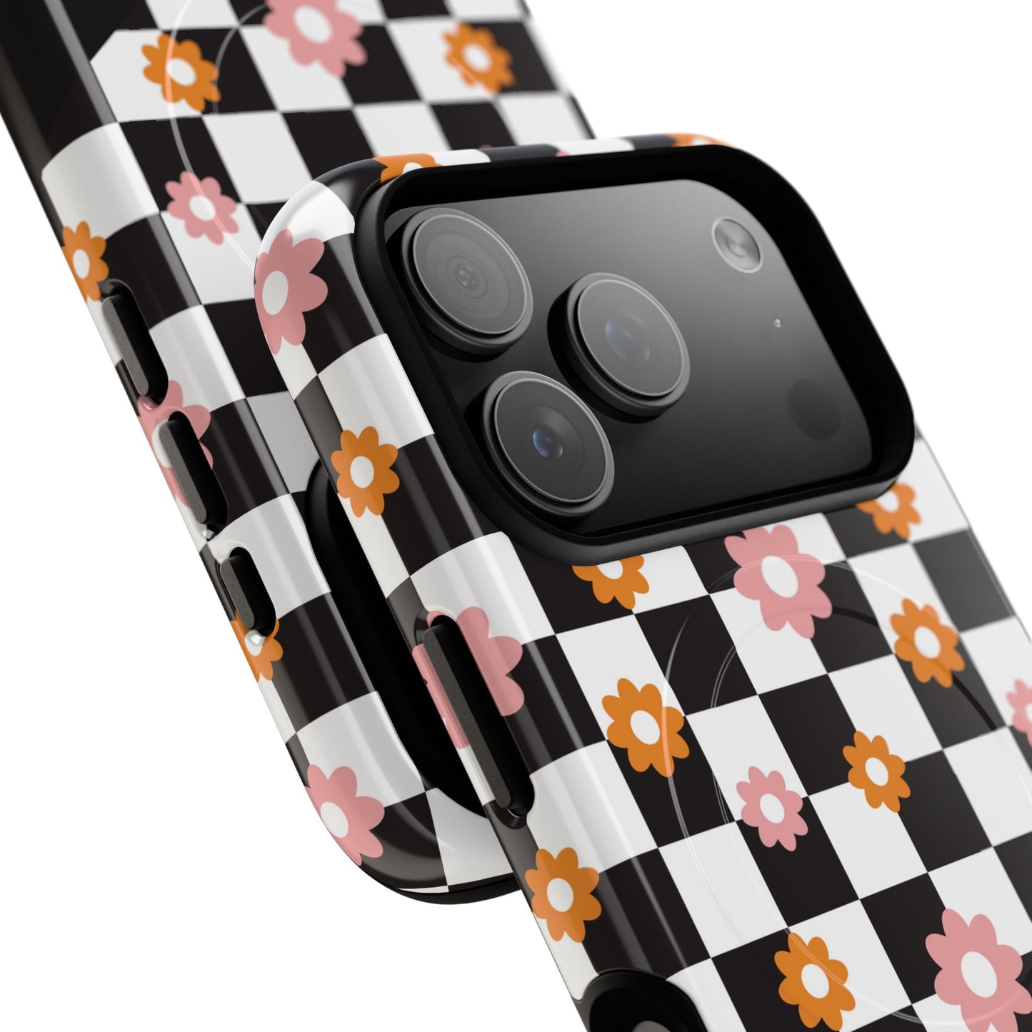 Groovy Checkered Bloom iPhone Case, Tough Magnetic Cases for Women, Stylish iPhone Cover, Trendy Floral Print, Gift for Her, Everyday Accessories
