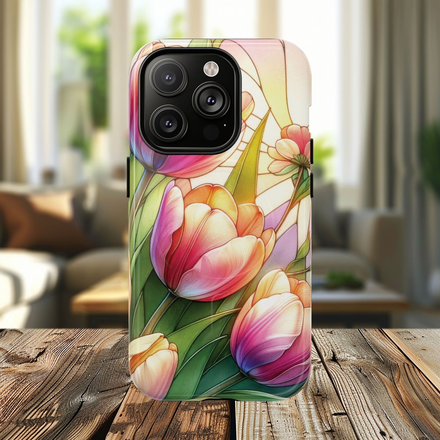 Tulip Glow Tough iPhone Magnetic Case, Floral Design, Spring Gift, Durable Protection, Smartphone Accessories, MagSafe Accessories, Stained Glass Tulip Gift