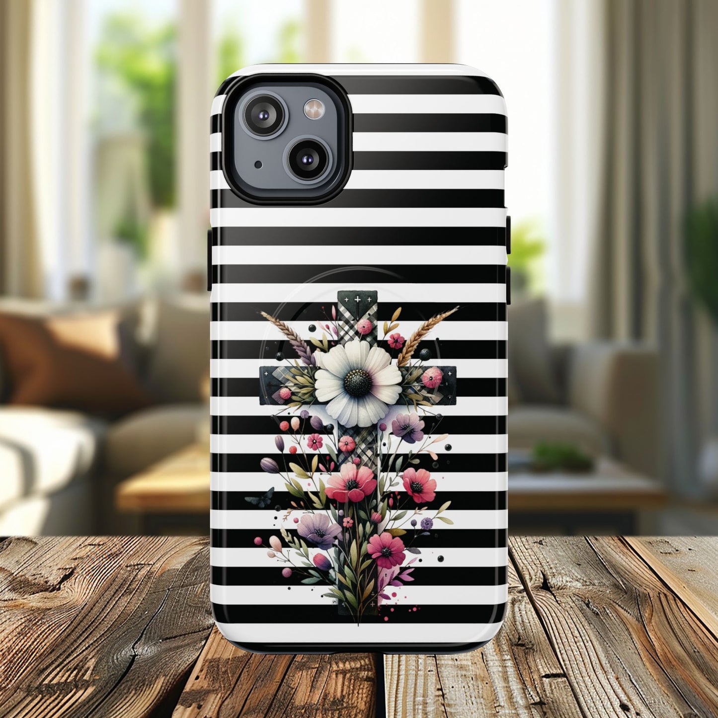 Faith in Bloom Tough iPhone Magnetic Case, iPhone Accessories, Floral iPhone Cover, Durable Cases for Gifts, Black and White Stripes